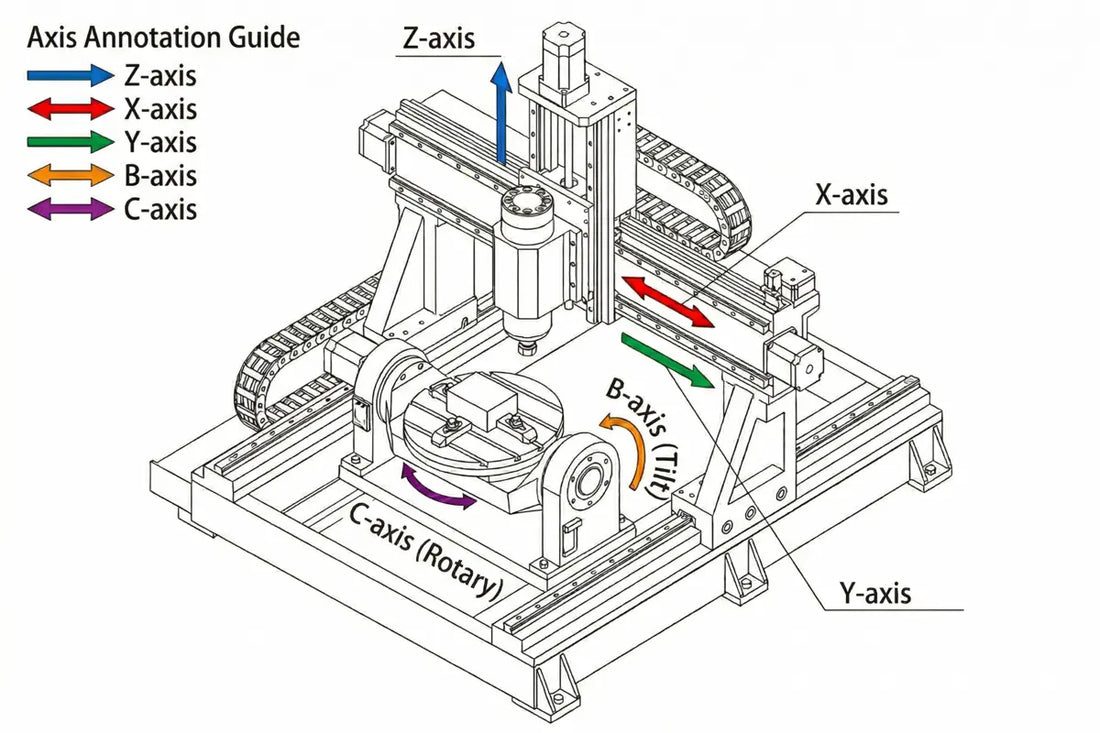 5-axis CNC machine line drawing illustrating the five axes of motion with a tilting rotary table and workpiece, showing X, Y, Z linear axes and B, C rotational axes in an isometric technical diagram.