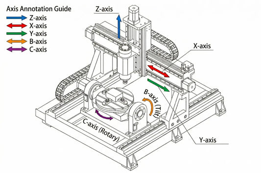 5-axis CNC machine line drawing illustrating the five axes of motion with a tilting rotary table and workpiece, showing X, Y, Z linear axes and B, C rotational axes in an isometric technical diagram.