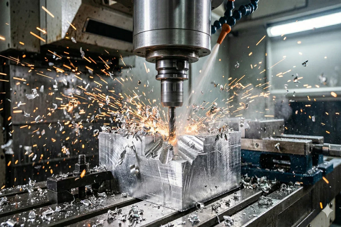 Close-up of a CNC mill cutting aluminum