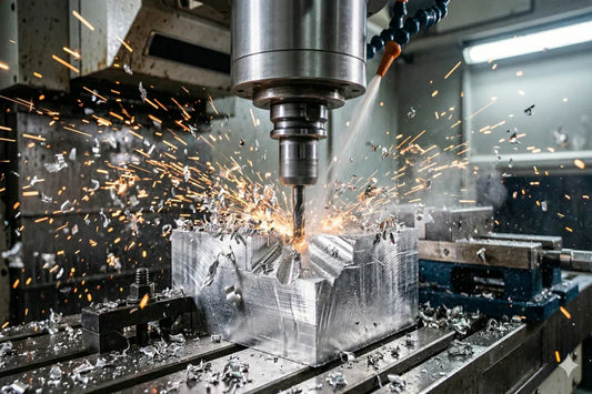 Close-up of a CNC mill cutting aluminum
